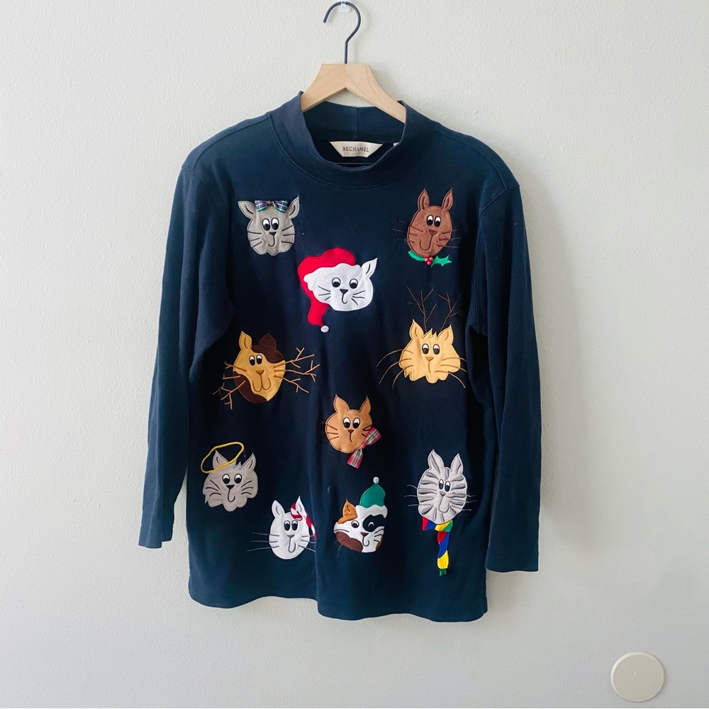 Bechamel Holiday Cat's Themed Black Sweater Size Medium